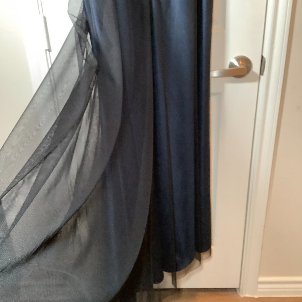 KM Collection by Milla Bell Navy Blue Gown with lace covering and silver brooch - Picture 8 of 8